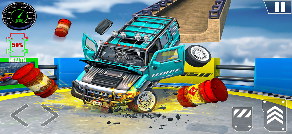 Car crash Destruction Derby 3d - A blue SUV crashing into red barrels in a demolition derby arena with 3D physics