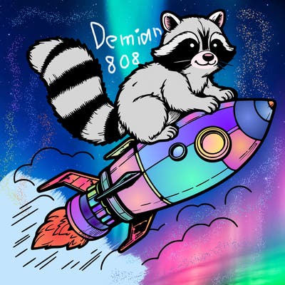 realistic raccoon flying on top rocket ship