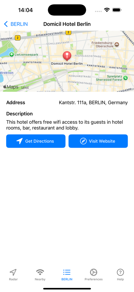 Free WiFi - Capture d'écran détaillée de l'application Free WiFi affichant l'adresse et la carte du point d'accès Wi-Fi de l'hôtel Domicil Berlin.