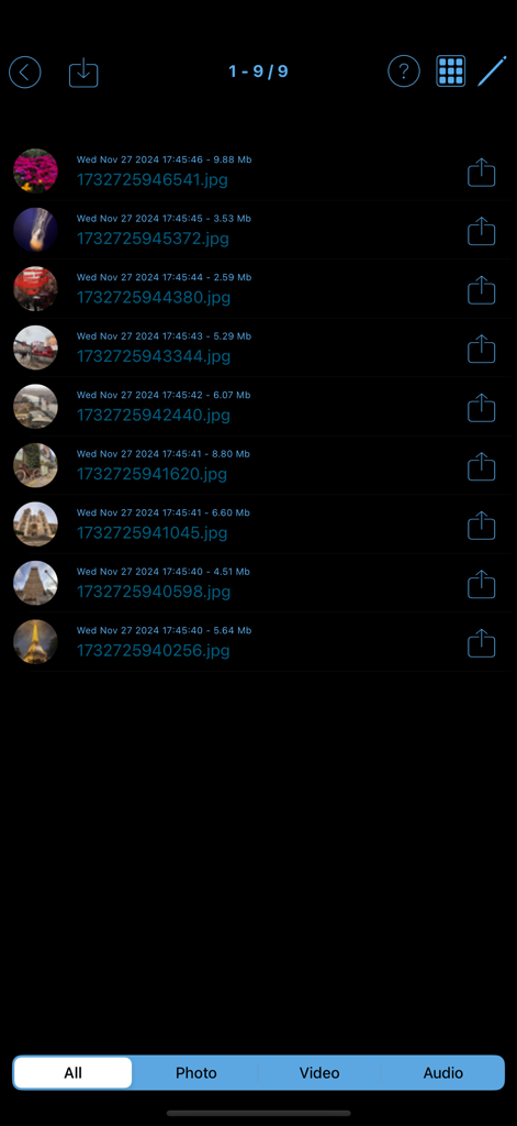 Camera Eye (Former Easy Calc) - Camera Eye app private media gallery showing a list of captured photos with timestamps