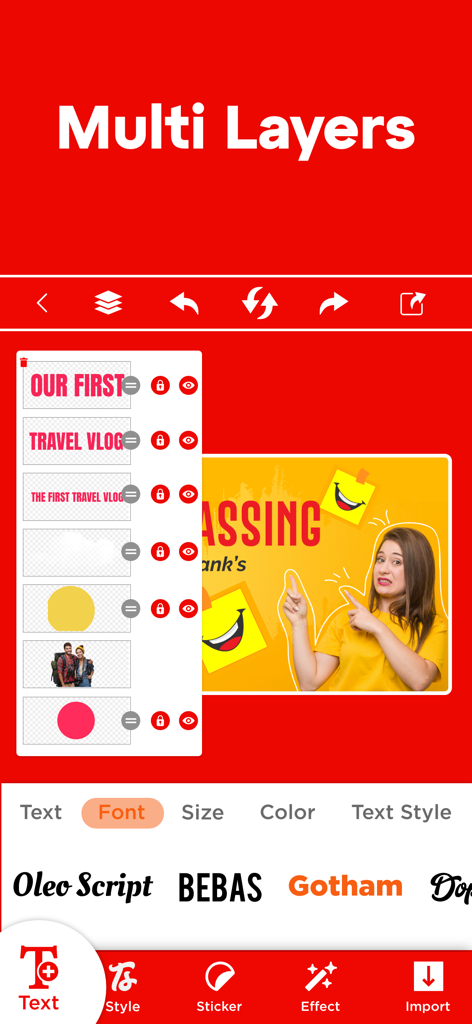 Interface of the Thumbnail Maker app showing a multi layer editing panel and font options for a YouTube thumbnail design