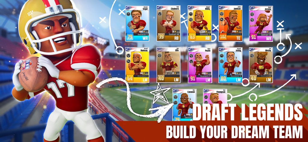 Big Win Football 2026 - Un jugador de fútbol junto a una hilera de cartas de jugadores coleccionables con el texto 'draft legends build your dream team'