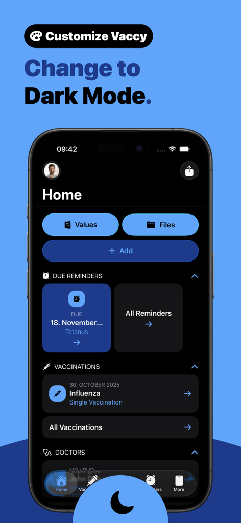 Immunization Record – Vaccy - Interface of Vaccy immunization record app in dark mode showing vaccination reminders and medical history