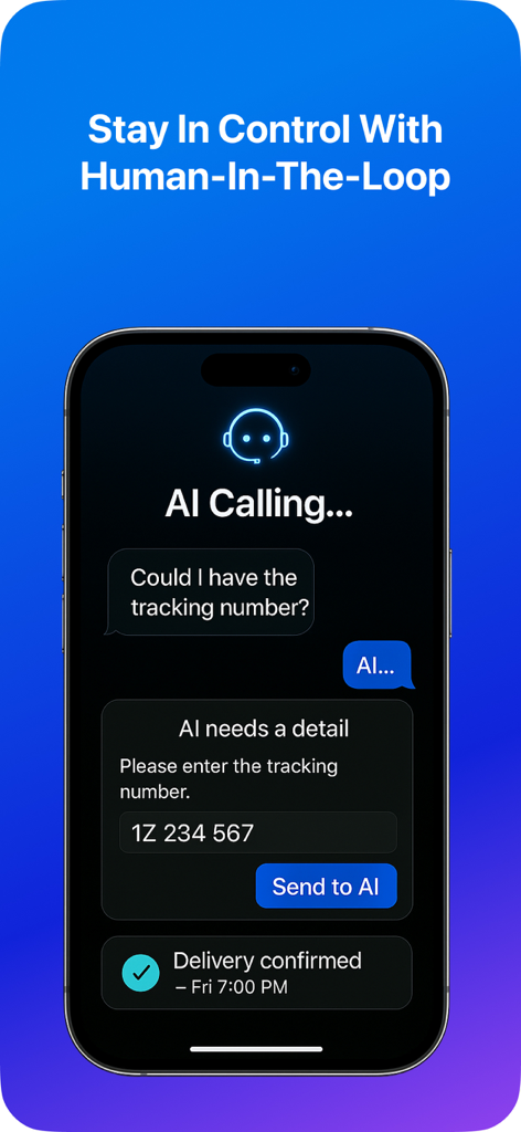 AI Call:Phone Translator&Agent - AI Call App-Oberfläche, die zeigt, wie ein menschlicher Benutzer während eines aktiven Anrufs eine Sendungsnummer an den KI-Agenten weitergibt