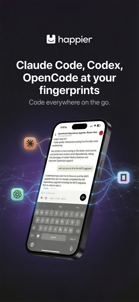 Happier: Claude Codex OpenCode - Happier app interface on iPhone showing an AI coding session with Claude and Codex.