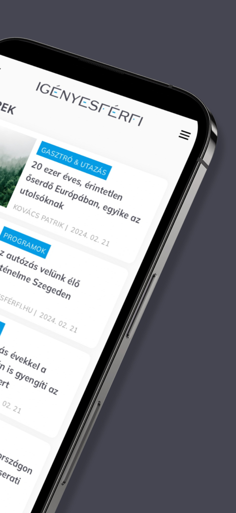 Igényesférfi.hu Online Magazin - 남성 라이프스타일 및 여행 기사가 포함된 Igényesférfi 온라인 매거진 앱을 보여주는 스마트폰 화면.