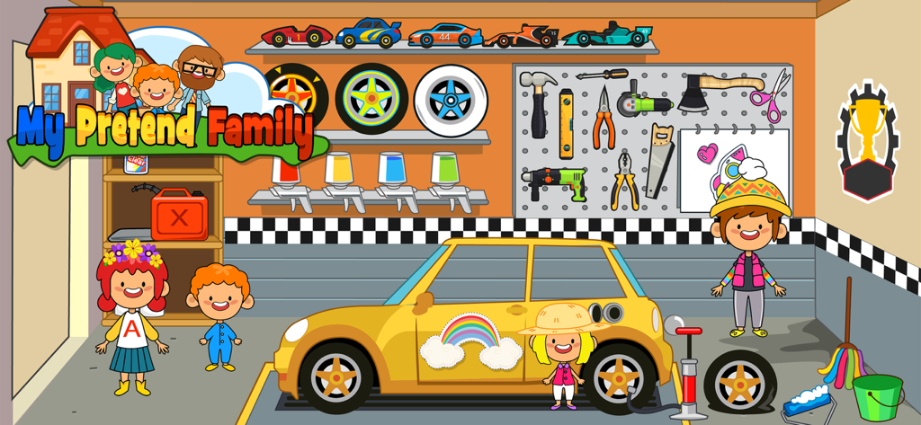 Characters playing with a yellow car and tools in a garage