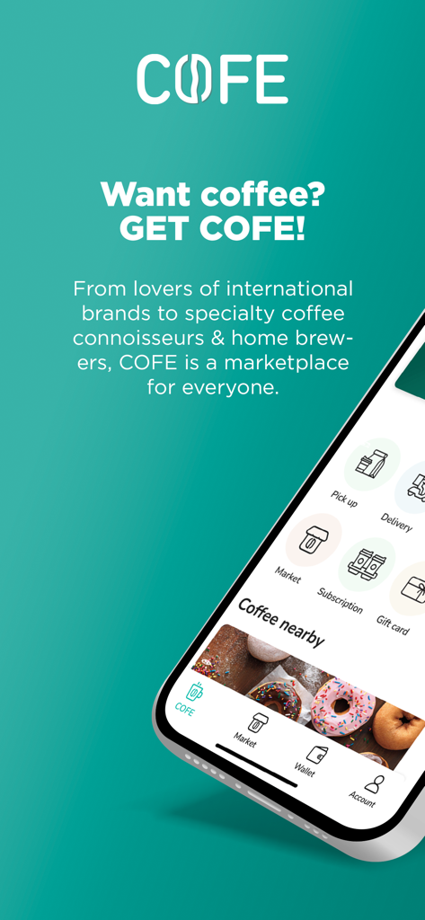 Interfaz de la aplicación COFE que muestra opciones para pedir café para recogida y entrega, con un mercado para amantes del café de especialidad