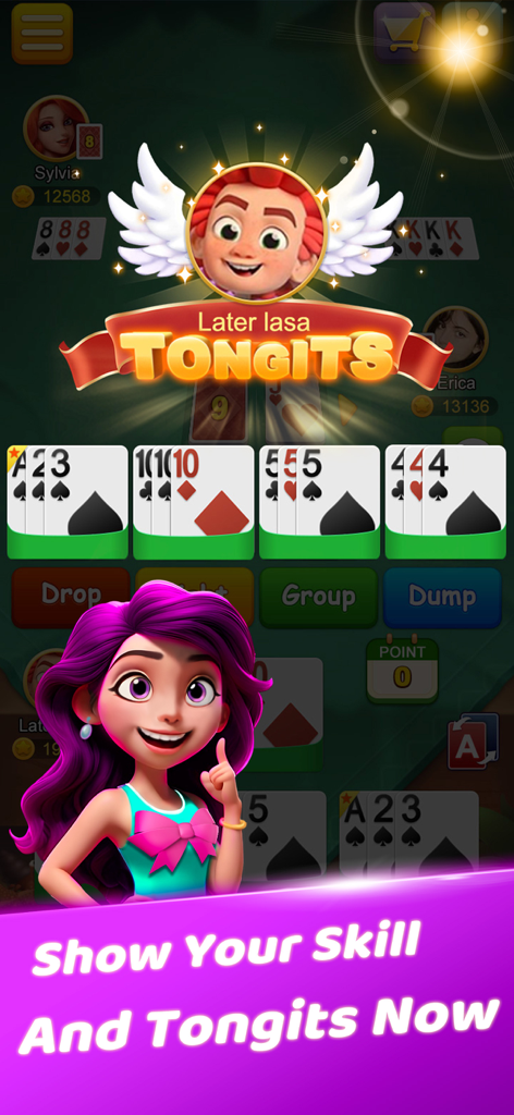 Tongits Lin - Gameplay screen of Tongits Lin card game featuring a vertical interface with card sets and player avatars