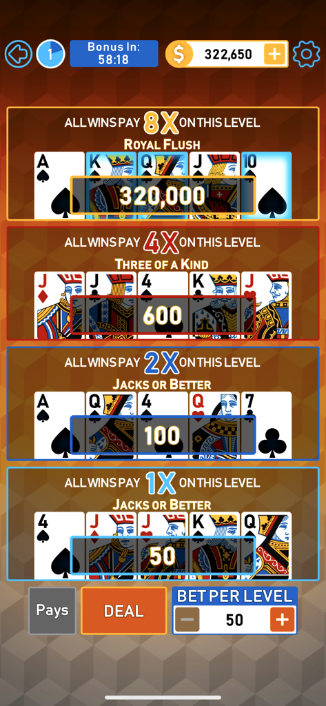 Video Poker Multi Bonus - Video Poker Multi Bonus gameplay screen showing four levels of poker hands with progressive win multipliers and a Royal Flush jackpot.