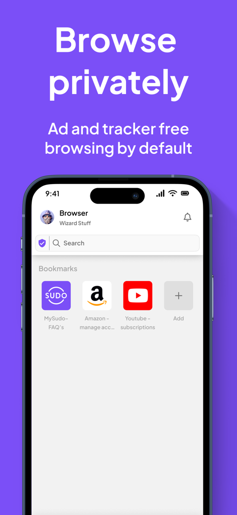 Smartphone screen showing the MySudo private browser interface with ad and tracker blocking features and bookmarks for Amazon and YouTube.
