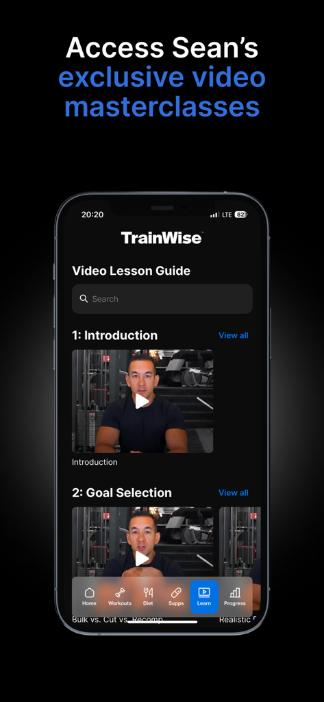 TrainWise app interface showing the video lesson guide and masterclass content