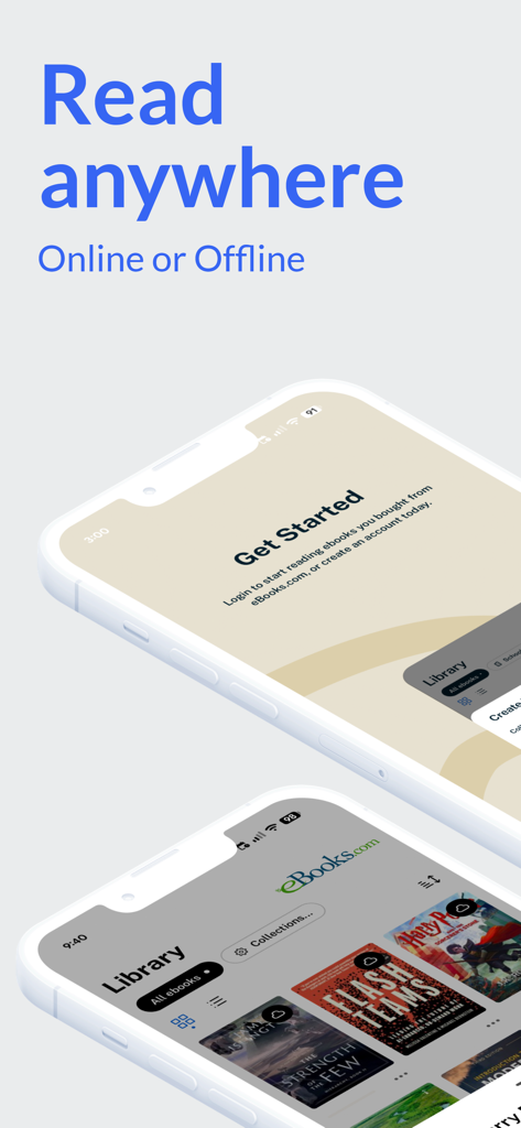 eBooks.com - Uno screenshot dell'interfaccia dell'app eBooks.com che evidenzia la possibilità di leggere ovunque online o offline con una visualizzazione della libreria dell'utente.