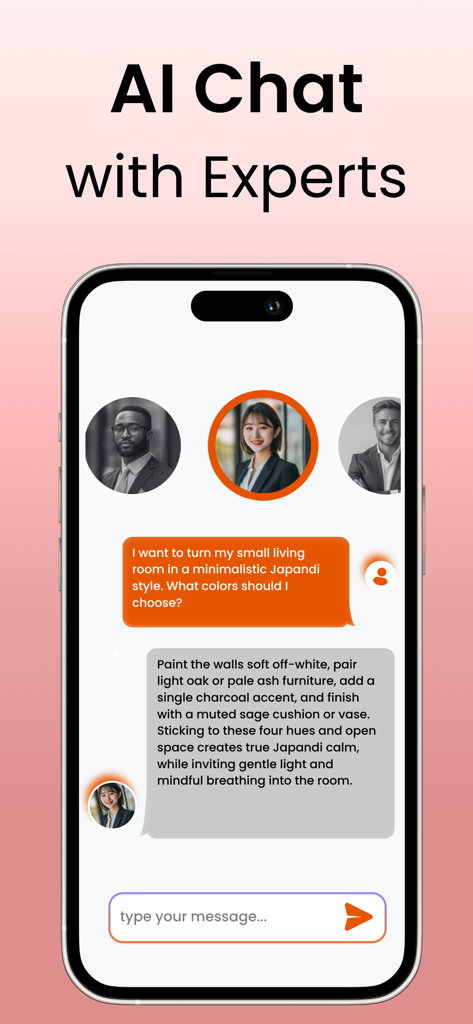 DecorAI: AI Interior Design - Japandiスタイルのリビングルームに関する具体的なインテリアデザインのアドバイスを提供するDecorAIアプリのAIチャット専門家機能を示すモバイル画面。