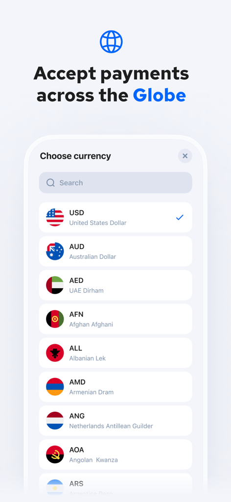 ChargeStripe - Stripe Payments - ChargeStripe app interface showing a list of supported global currencies for payment processing