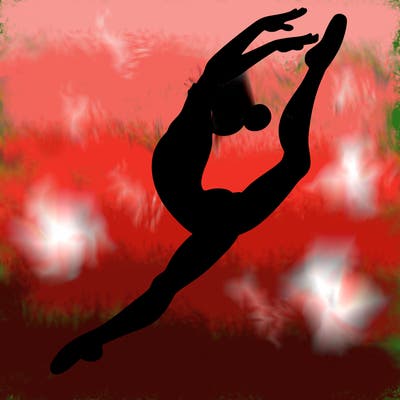 gymnast doing a leap in a leotard with a bent back leg