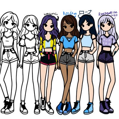 a group of girls wearing crop tops and shorts