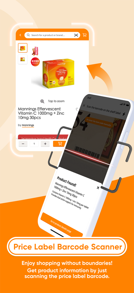 Uno smartphone utilizza la funzione scanner codici a barre dell'app Mannings HK per trovare informazioni sui prodotti su un'etichetta di prezzo.