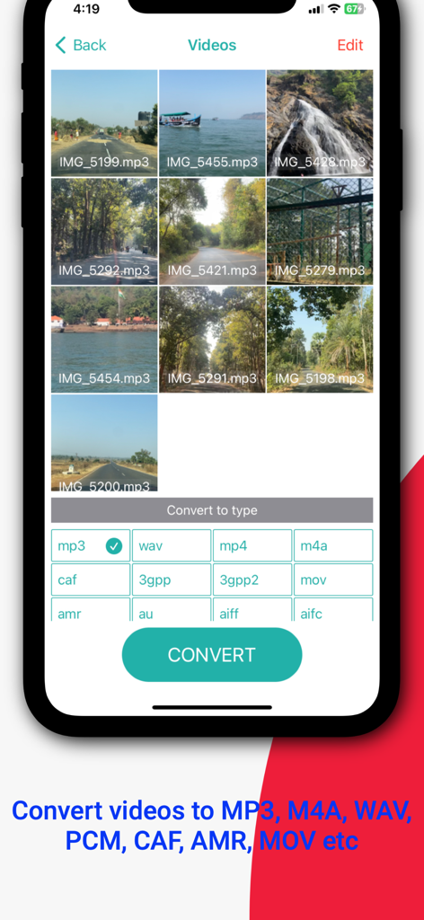 video to audio, audio cutter - MP3 및 WAV와 같은 다양한 오디오 형식으로 동영상 변환 옵션 및 동영상 선택을 보여주는 모바일 앱 인터페이스.