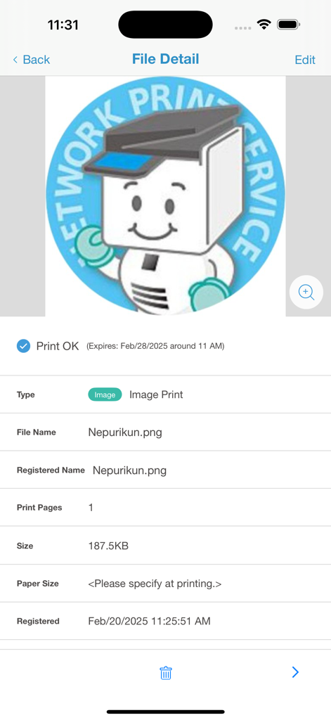 Un écran mobile montrant les détails d'un fichier image enregistré pour impression via l'application Impression en réseau