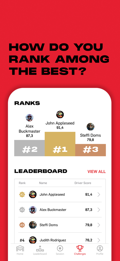 Rotax TRAX app leaderboard screen showing driver rankings and scores on a podium