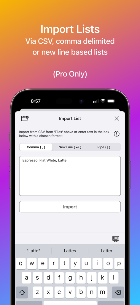 Randomizer - Capture d'écran de l'application Randomizer montrant les options d'importation de listes aux formats CSV (séparateur virgule) ou nouvelle ligne