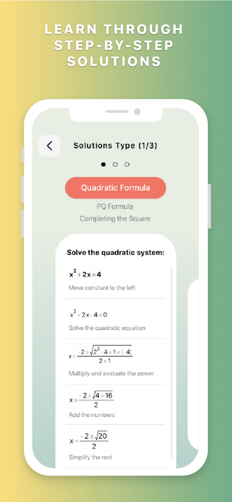 Alphamath mobile app displaying a detailed step-by-step solution for a quadratic equation using the quadratic formula