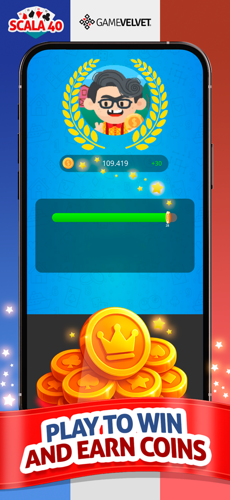 Schermata dell'app Scala 40 che mostra una barra di avanzamento della ricompensa e monete virtuali con il testo Gioca per Vincere e Guadagna Monete