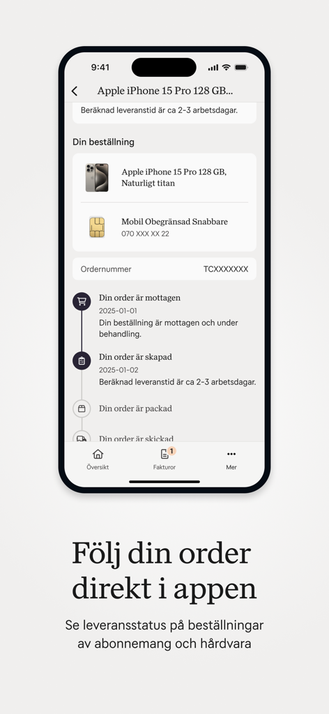 Pantalla de seguimiento de pedidos en la app Mitt Tele2 mostrando el estado de entrega de un iPhone 15 Pro