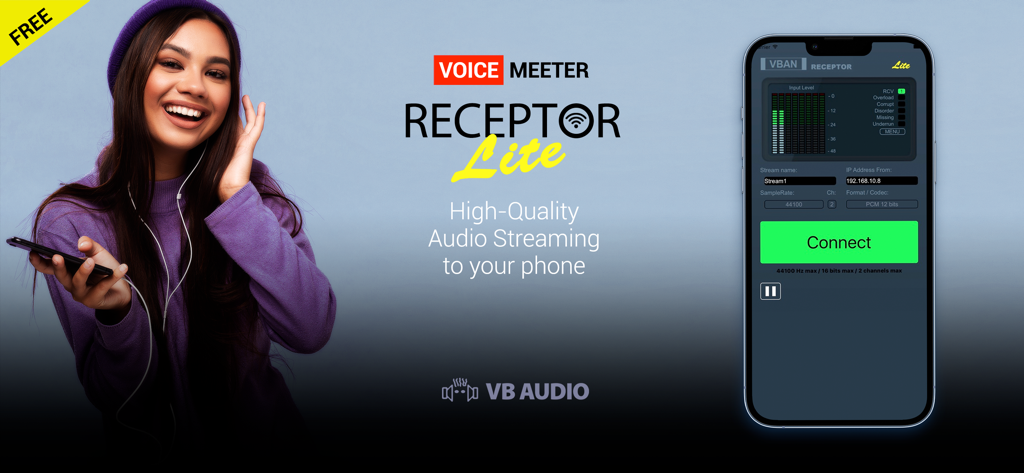 VBAN Receptor Lite - A woman smiling with headphones next to the VBAN Receptor Lite app interface for high-quality audio streaming.