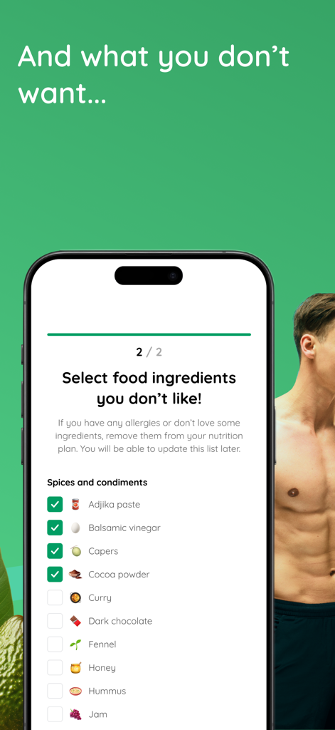A mobile app screen for Best.Me allowing users to select food ingredients they do not like to customize their nutrition plan.