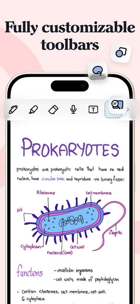 Noteshelf 3: AI Digital Notes - Aplicativo Noteshelf 3 mostrando barras de ferramentas personalizáveis e notas de estudo de biologia em um iPhone
