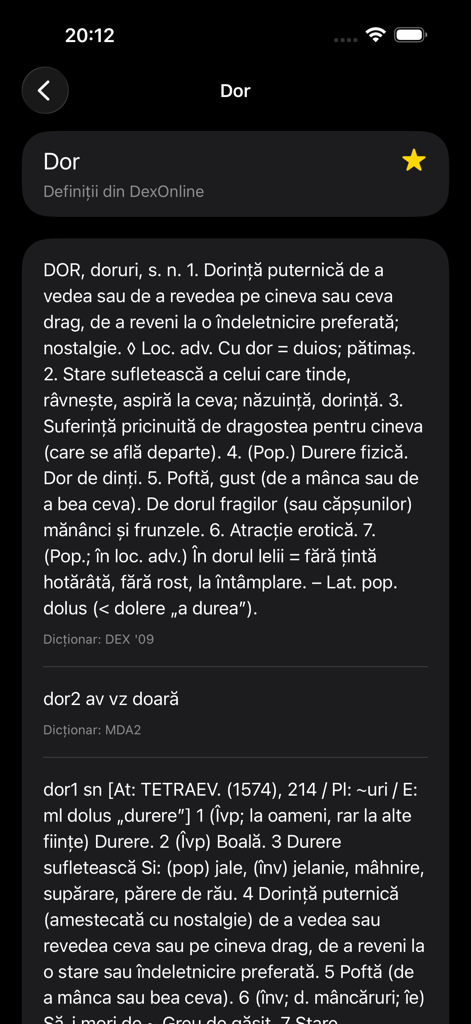 Una captura de pantalla de la aplicación de diccionario rumano roDex en modo oscuro mostrando múltiples definiciones para la palabra Dor.