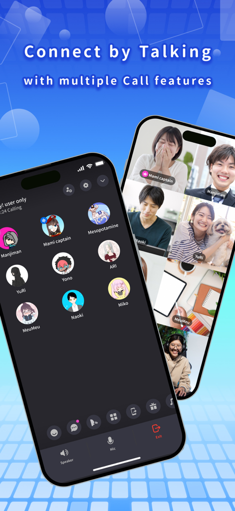 Dos smartphones mostrando funciones de llamadas de voz y video grupales en la aplicación comunitaria Yay