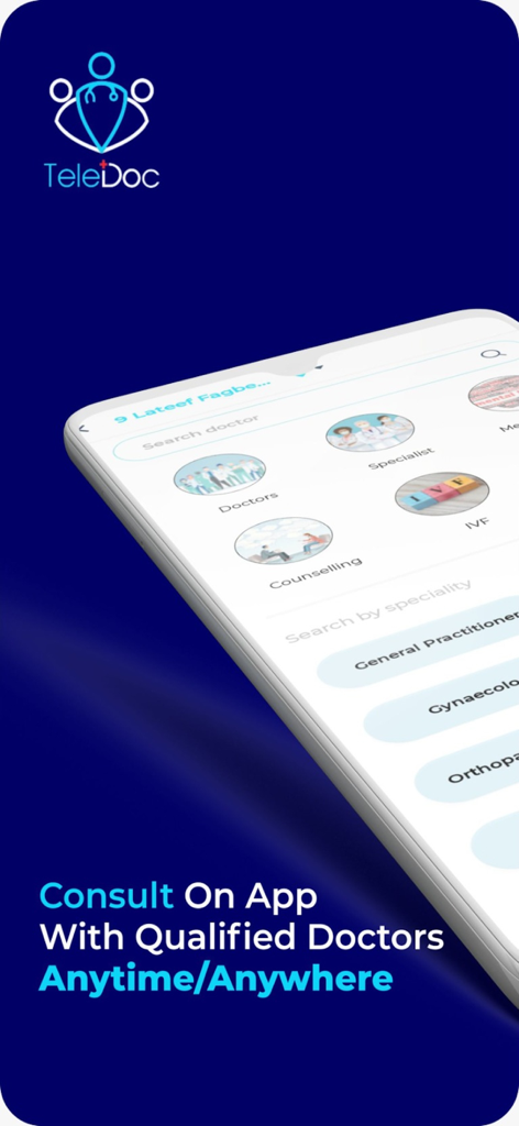 TeleDoc App - TeleDoc app interface showing search options for qualified doctors and medical specialists for virtual consultations.