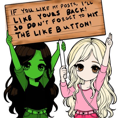 beautiful realistic  two girls holding up a  sign