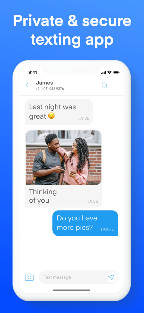 Text Vault app interface showing a private chat with text and photo messages