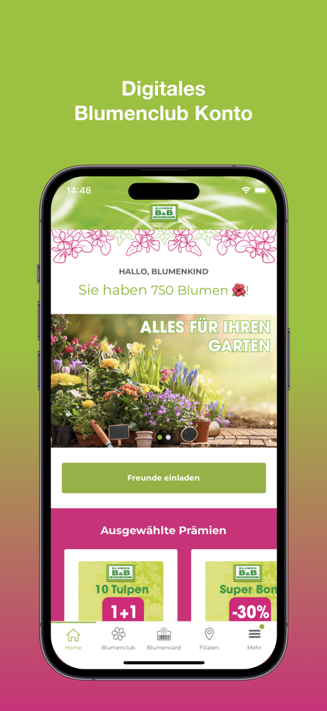 Blumen B&B - Interfaz de la aplicación móvil Blumen B&B que muestra una cuenta de fidelización de club de flores digital con 750 puntos y ofertas de recompensas