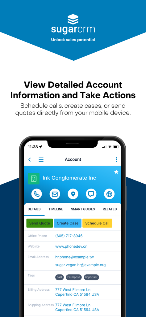 SugarCRM - Interfaz de la aplicación móvil SugarCRM que muestra información detallada de la cuenta y botones para enviar cotizaciones o programar llamadas
