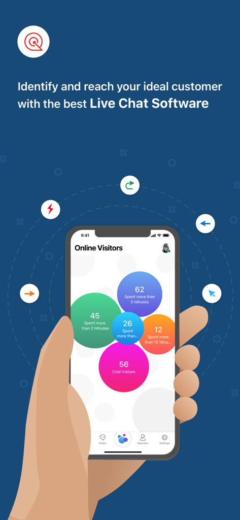 Zoho SalesIQ - Live Chat App - Interfaz de la aplicación móvil Zoho SalesIQ que muestra el seguimiento de visitantes del sitio web en tiempo real y análisis de chat en vivo