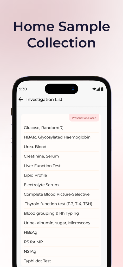 ESIC Health Connect - Lista de investigaciones para la recolección de muestras a domicilio en la aplicación ESIC Health Connect.