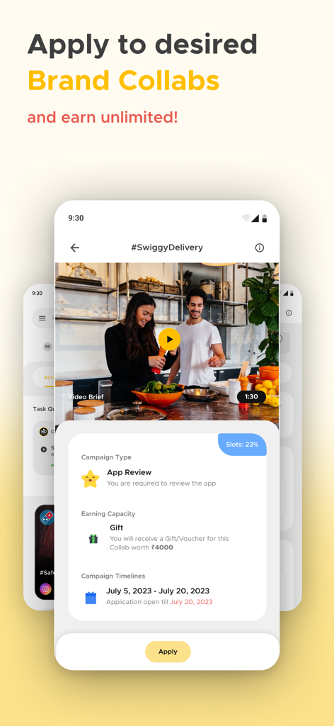 Kofluence app screenshot showing brand collaboration details and the apply button for influencers