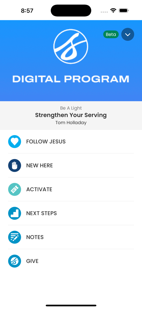 Saddleback App - Saddleback App digital program interface featuring menu options for church engagement and sermon resources