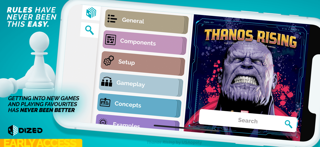 Dized app showing digital rules and menu for Thanos Rising board game