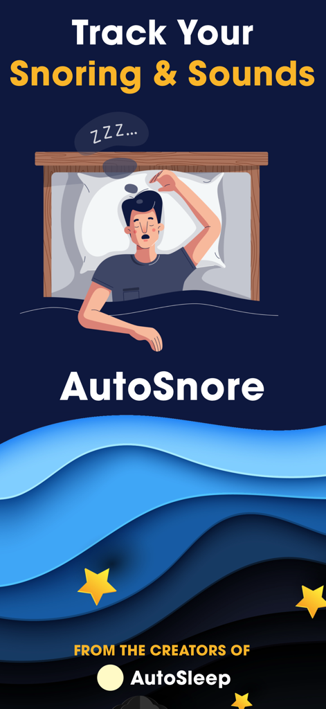 AutoSnore app splash screen showing a man sleeping in bed and the text Track Your Snoring and Sounds