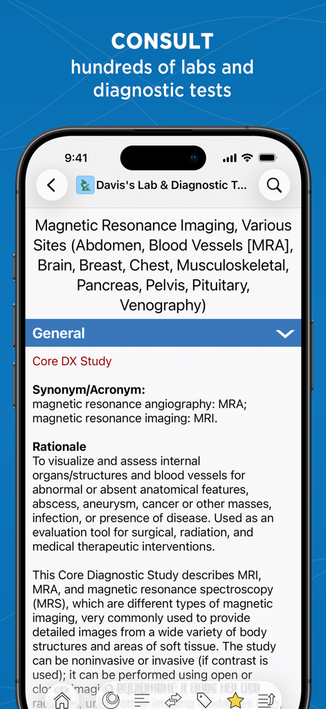 Captura de tela do aplicativo Nursing Central mostrando informações e justificativas de testes diagnósticos para exames de ressonância magnética.