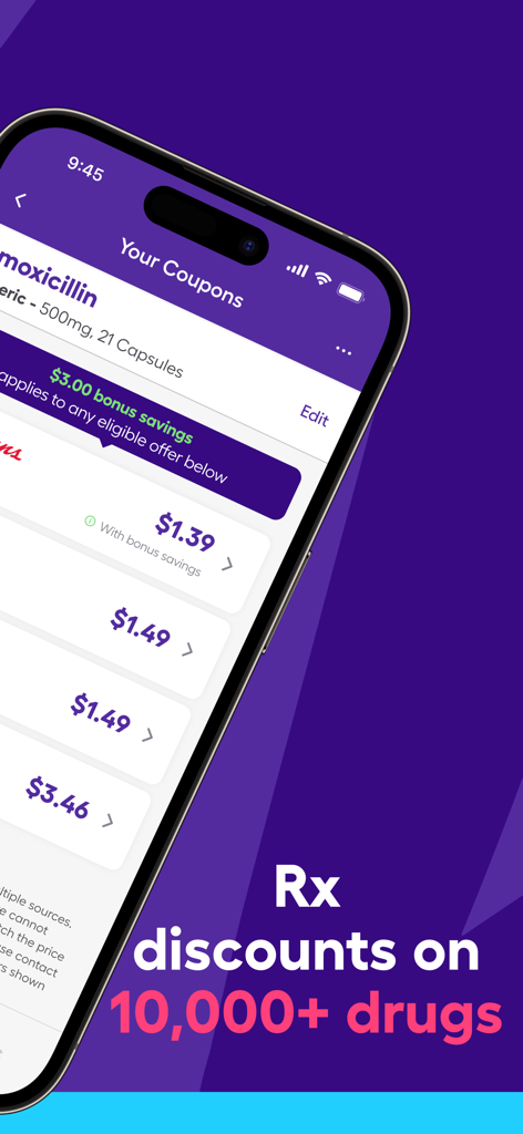 SingleCare Rx Pharmacy Coupons - Una pantalla de teléfono inteligente que muestra la aplicación SingleCare mostrando descuentos y cupones de medicamentos recetados para Amoxicilina