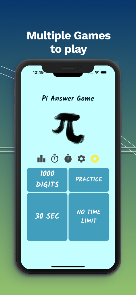 Pi Answer Game main menu screen on an iPhone showing game modes including 1000 Digits, Practice, 30 Seconds, and No Time Limit