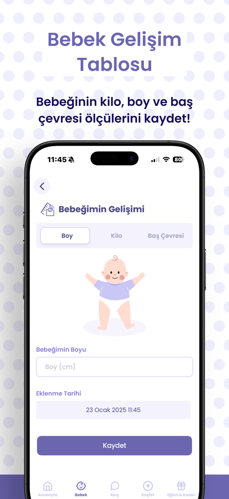 Elika Baby Care and Monitoring - Interface do aplicativo móvel para rastrear o desenvolvimento de altura e peso do bebê