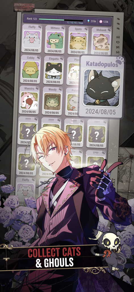 Collection screen in Tokyo Debunker featuring quirky cat familiars and a handsome anime ghoul character.